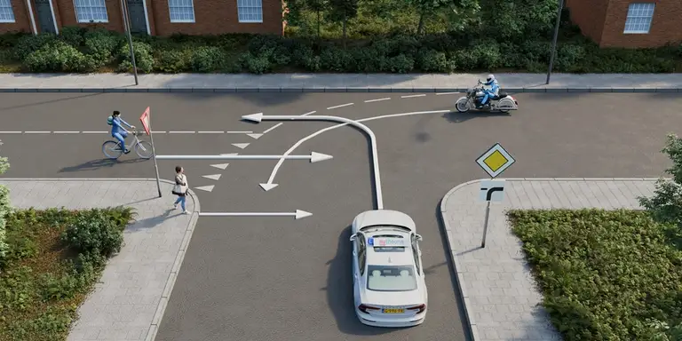 Car and cyclist at a Dutch intersection where right of way rules apply